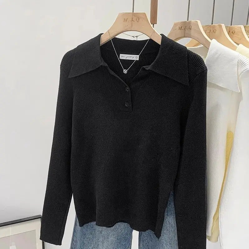 Polo Collar Knit Sweater Women Pullovers Casual Button Front Long Sleeve Rib-knit Jumper Chic Knitwear Trend Autumn Winter Tops
