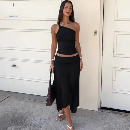 Fashion Pleated 2 Piece-Set Long Skirt For Women Off-Shoulder Cropped Pullover Top And Slim Long Skirt Sets Female Outfits 2026