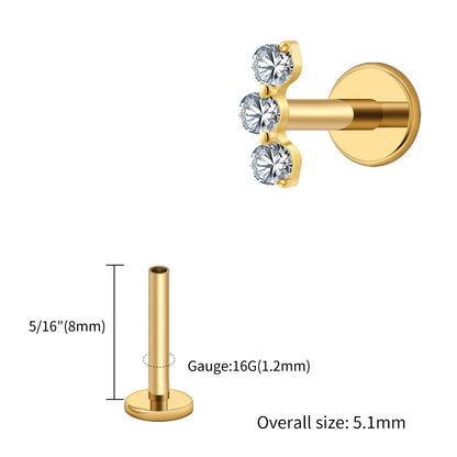 Right Grand ASTM F136 Titanium Triple CZ Helix Tragus Flat Back Earring 16G Dainty Ear Climber Cartilage Stud Piercing Jewelry