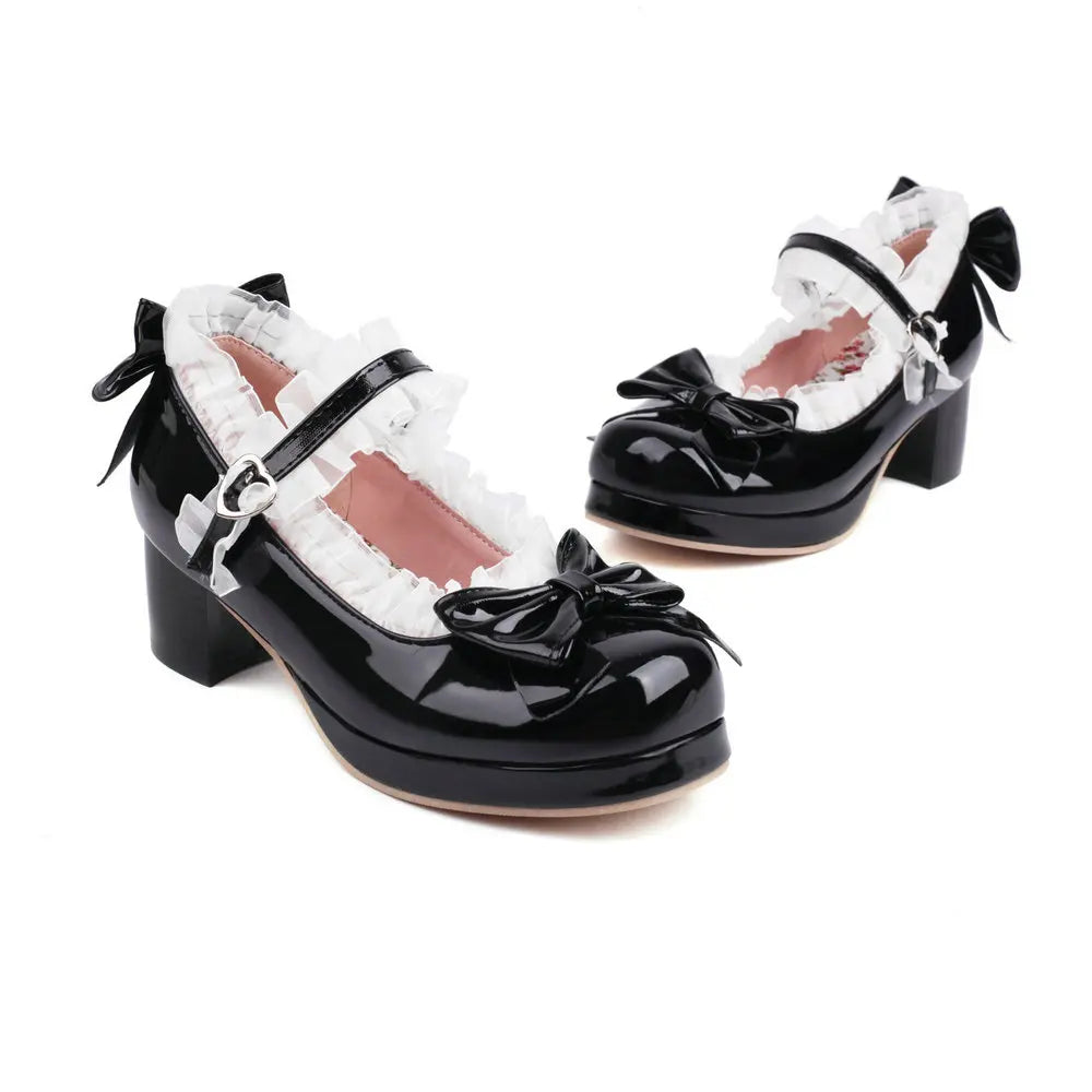 Bow & Ruffle Mary Jane Block-Heel Shoes
