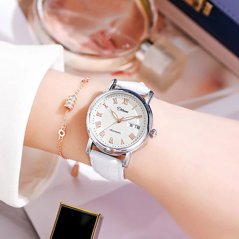 Stainless Steel Roman Dial Day-Date Luminous Waterproof Self-Wind Automatic Mechanical Watch for Women