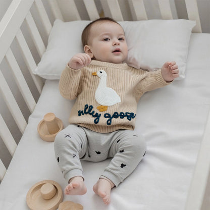 Toddler Baby Goose Sweater Animal Letter Embroidered Crewneck Long Sleeve Pullover Chunky Knit Tops