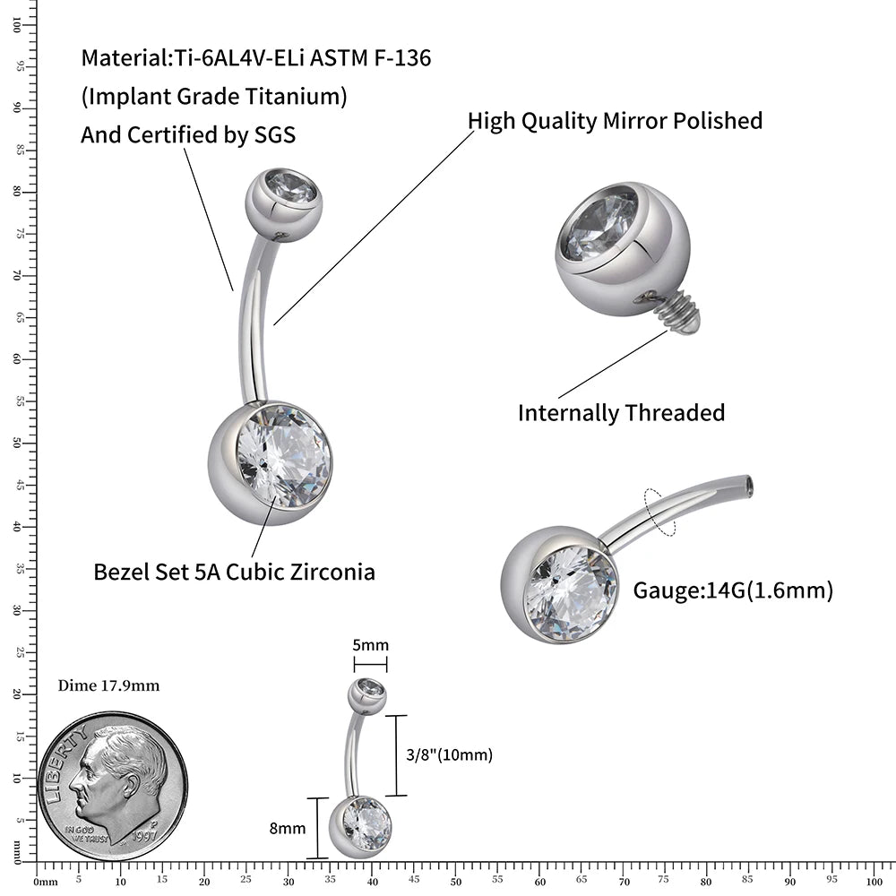 Right Grand Implant Grade Titanium 14G Internally Threaded Press Fit Clear Curved Belly Button Rings
