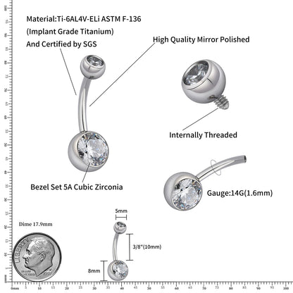 Right Grand Implant Grade Titanium 14G Internally Threaded Press Fit Clear Curved Belly Button Rings