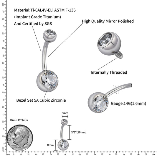 Right Grand Implant Grade Titanium 14G Internally Threaded Press Fit Clear Curved Belly Button Rings