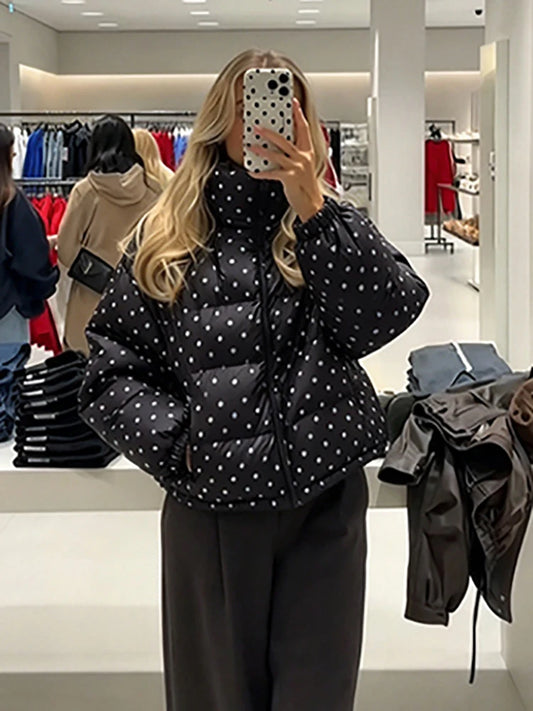 Women's Retro Polka Dot Cotton Coat Chic Stand Collar Zip Up Bubble Sleeve Loose Jacket Winter ﻿New Lady Casual Daily Outwear