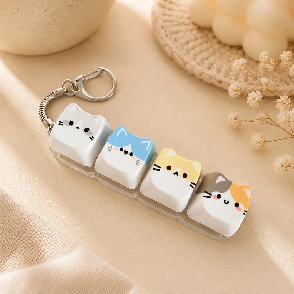 Cute Cat Relax Button Keycap, Kawaii Cat 4-Key Keyboard Fidget Toy for Friends Gift, Portable Fidget Keychain Fashion Bag Charm