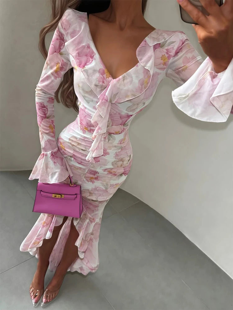 Women Floral Print Short Sleeve Maxi Dress Fashion V-neck Ruffle Trim Belted Slit Hem Dresses Casual Lady Daily Vacation Gowns