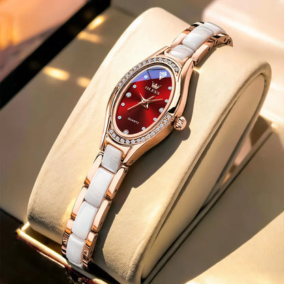 OLEVS Brand New Quartz Watch for Woman Elegant Luxury Ceramics Steel Strap Fashion Oval Diamond Dial Women's Waterproof Watches