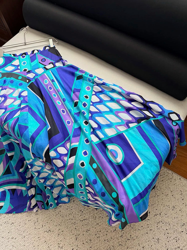 Spring Summer Fashion Resort Elegant Geometric Print Cotton Long Skirt Women's Middle Waist Slim A-Line Big Swing Skirt