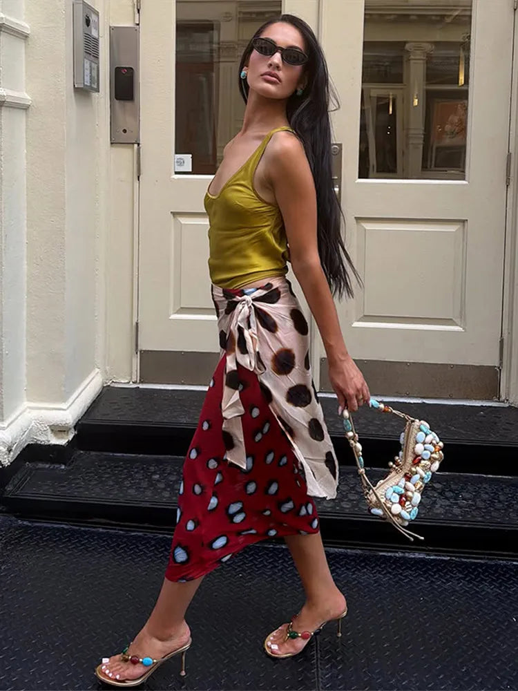 High Waist Wrap Tie Midi Skirt Contrast Leopard Print Flowy Irregular Hem Chiffon Skirts 2026 Summer Elegant Vacation Chic Wear