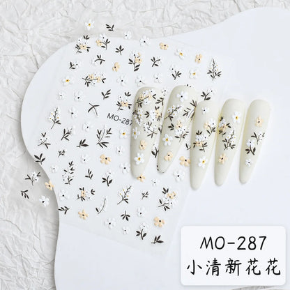 5D Embossed Nail Art Decals Elegant Petals Florals Daisy Flowers Leaves Adhesive Sliders Stickers For Manicure Tips Decoration