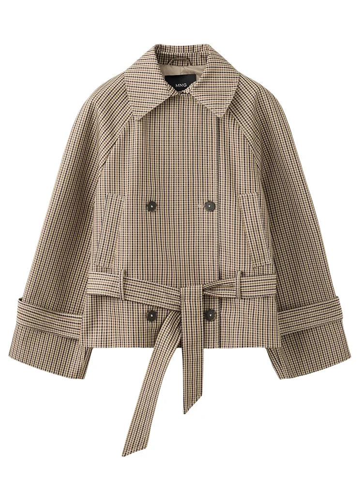 Plaid Women's Outerwear Lapel Double Breasted Trench Coat Belted Raglan Sleeve Jacket French Vintage Style Daily Fashion Wear