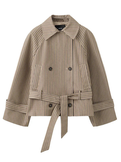 Plaid Women's Outerwear Lapel Double Breasted Trench Coat Belted Raglan Sleeve Jacket French Vintage Style Daily Fashion Wear