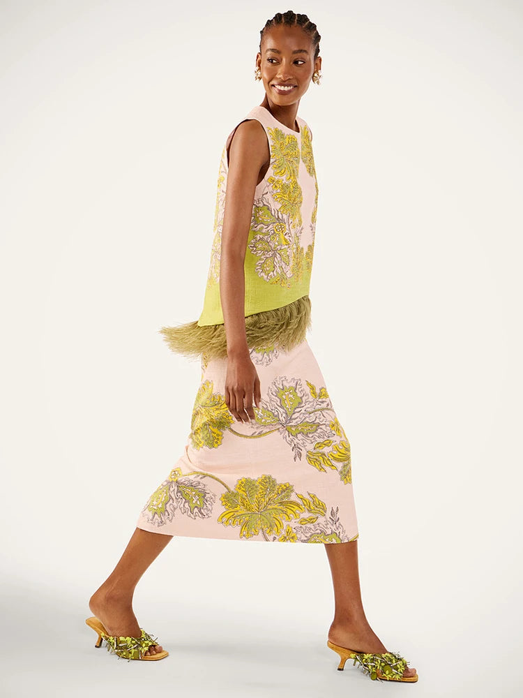 Fashion Printed Feather‑Trim Sleeveless Top Midi Skirt Straight‑Fit 2026 Summer Women Beach Outfit Warm Casual Lady 2‑Piece Set