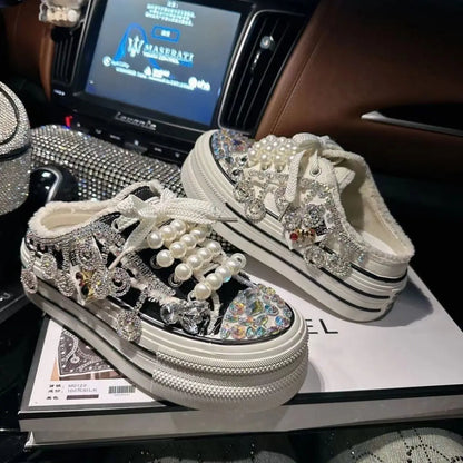 High Quality Shiny Sequined Slippers Flat Shoes Crystal Pearl Studs Canvas Shoes Loafers Shiny Women's Vulcanized Slippers
