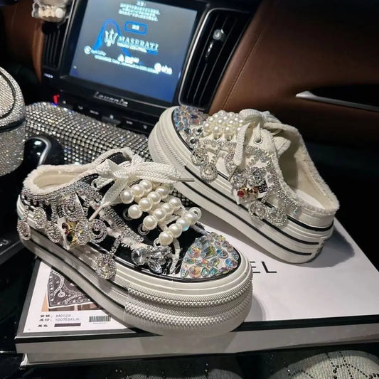 High Quality Shiny Sequined Slippers Flat Shoes Crystal Pearl Studs Canvas Shoes Loafers Shiny Women's Vulcanized Slippers