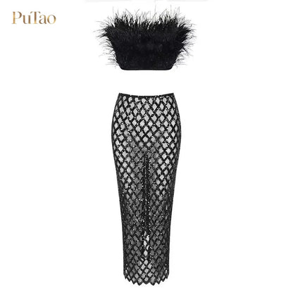 PuTao 2 Piece Formal Outfit White Feather Strapless Crop Top Sequin Mesh Midi Skirt Set Evening Birthday Cocktail Dresess