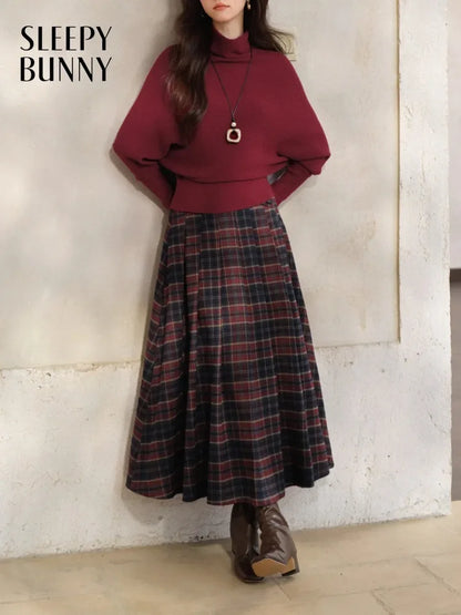 Vintage Plaid Pleated Long Skirt Women Lady High Waist A-Line Midi Skirt Preppy Elegant Winter Casual Daily Wear Style Outfit
