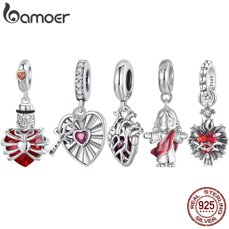 Bamoer 925 Sterling Silver Red Heart Skull Pendant Jesus Cross Beads for Women Bracelet Accessories DIY Religious Beliefs Gift