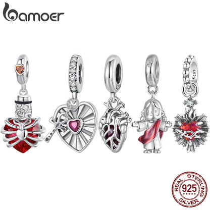 Bamoer 925 Sterling Silver Red Heart Skull Pendant Jesus Cross Beads for Women Bracelet Accessories DIY Religious Beliefs Gift