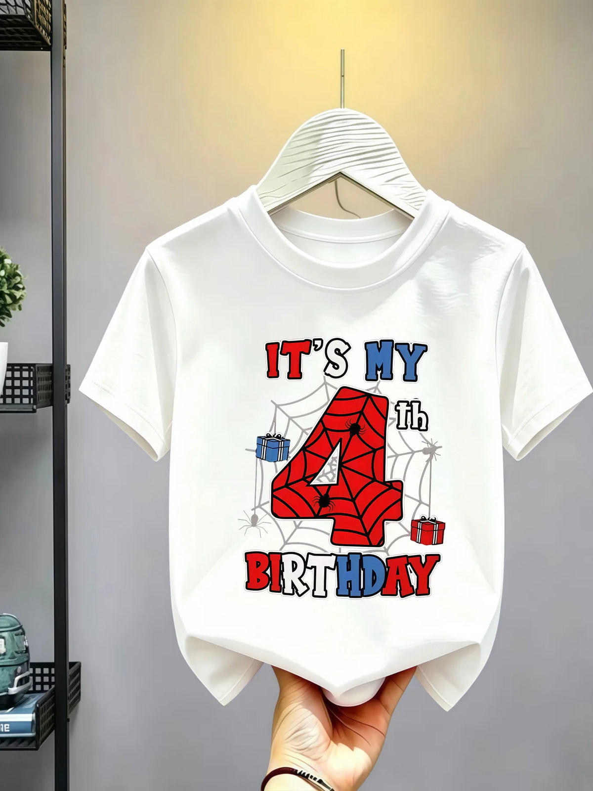 1-10 Years Birthday Spiderweb Gift Hero Print Cotton Short-Sleeve T-Shirt, Suitable for Boys and Girls Daily Wear