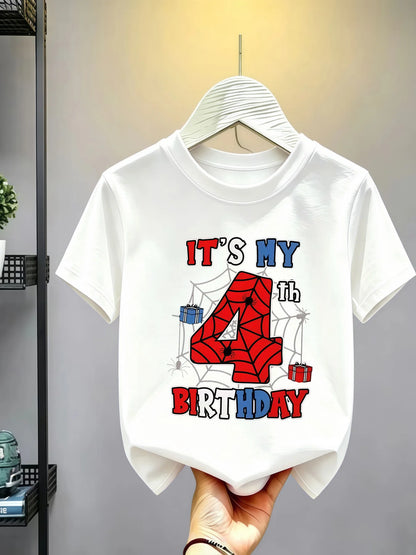 1-10 Years Birthday Spiderweb Gift Hero Print Cotton Short-Sleeve T-Shirt, Suitable for Boys and Girls Daily Wear