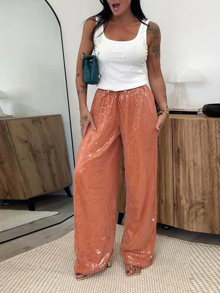 Y2K Sequin Lace Up Pants Women Elastic Low Waist Wide Leg Trousers Female 2026 Spring Summer Lady Shiny Party Clubwear Street
