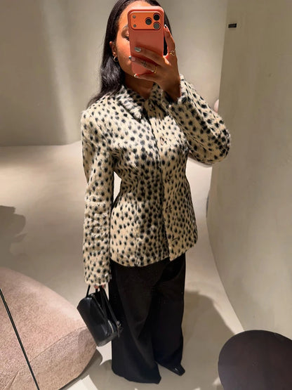 Vintage Dalmatian Spotted Faux Fur Coat Women Round Neck Button Front Loose Short Fuzzy Jacket Winter Warm Street Outerwear