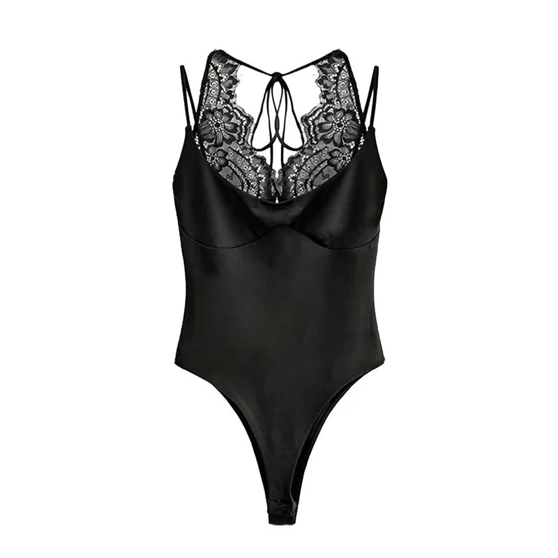 Women's Bodysuit 2026 New Fashion Spring Summer Brown Spliced Lace Bodysuit for Women Chic Personality Spaghetti Strap Bodysuit