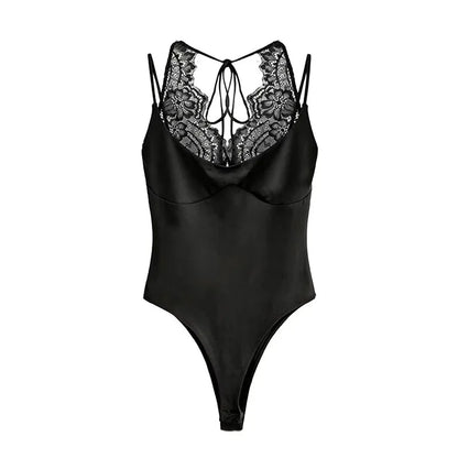 Women's Bodysuit 2026 New Fashion Spring Summer Brown Spliced Lace Bodysuit for Women Chic Personality Spaghetti Strap Bodysuit
