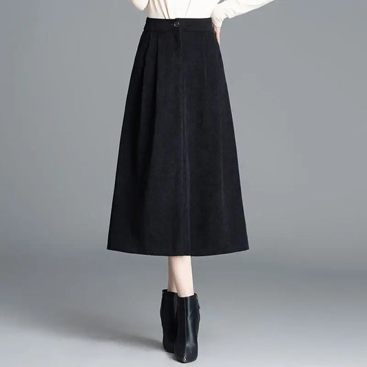 Women Autumn Winter Wool Blend A Line Midi Skirt High Waist Button Casual Office Bottoms