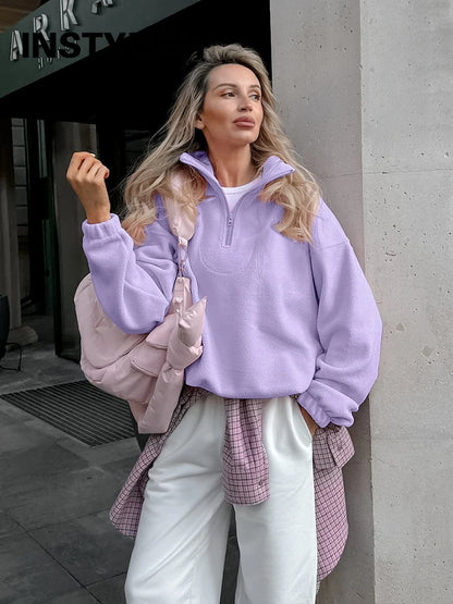 Women Autumn Winter Fleece Hoodies Elegant Stand Collar Zipper Loose Sweatshirt Elegant Solid Pullover Casual Top Streetwear