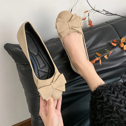 Women Sweet Big Bow Flats Shoes Soft Suede Round