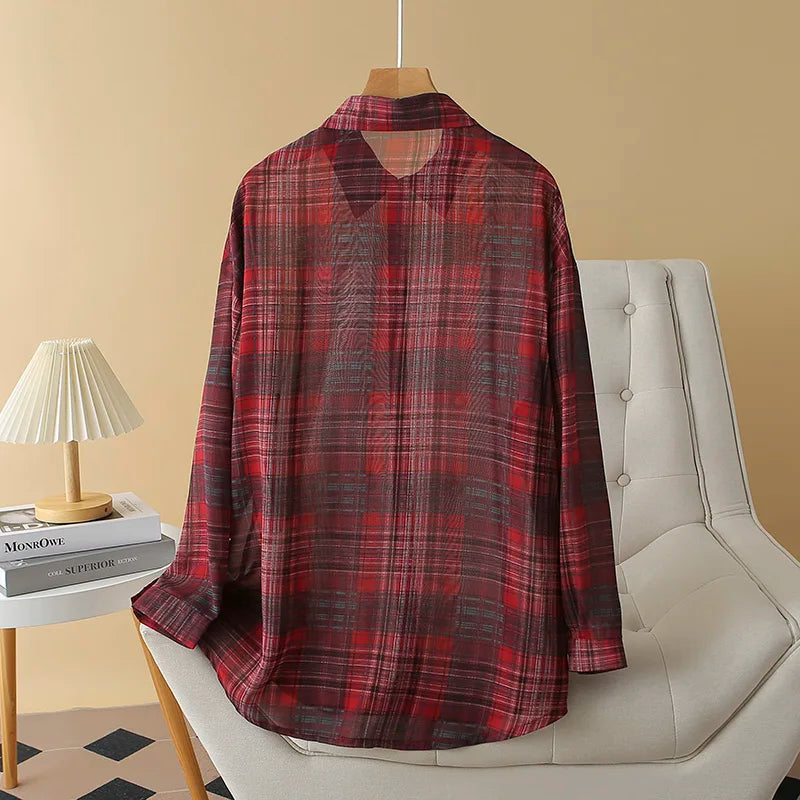 Sheer Chiffon Plaid Shirt for Women Ovesized Collared Button-down Blouse Summer Laides Slouchy Casual Outfit