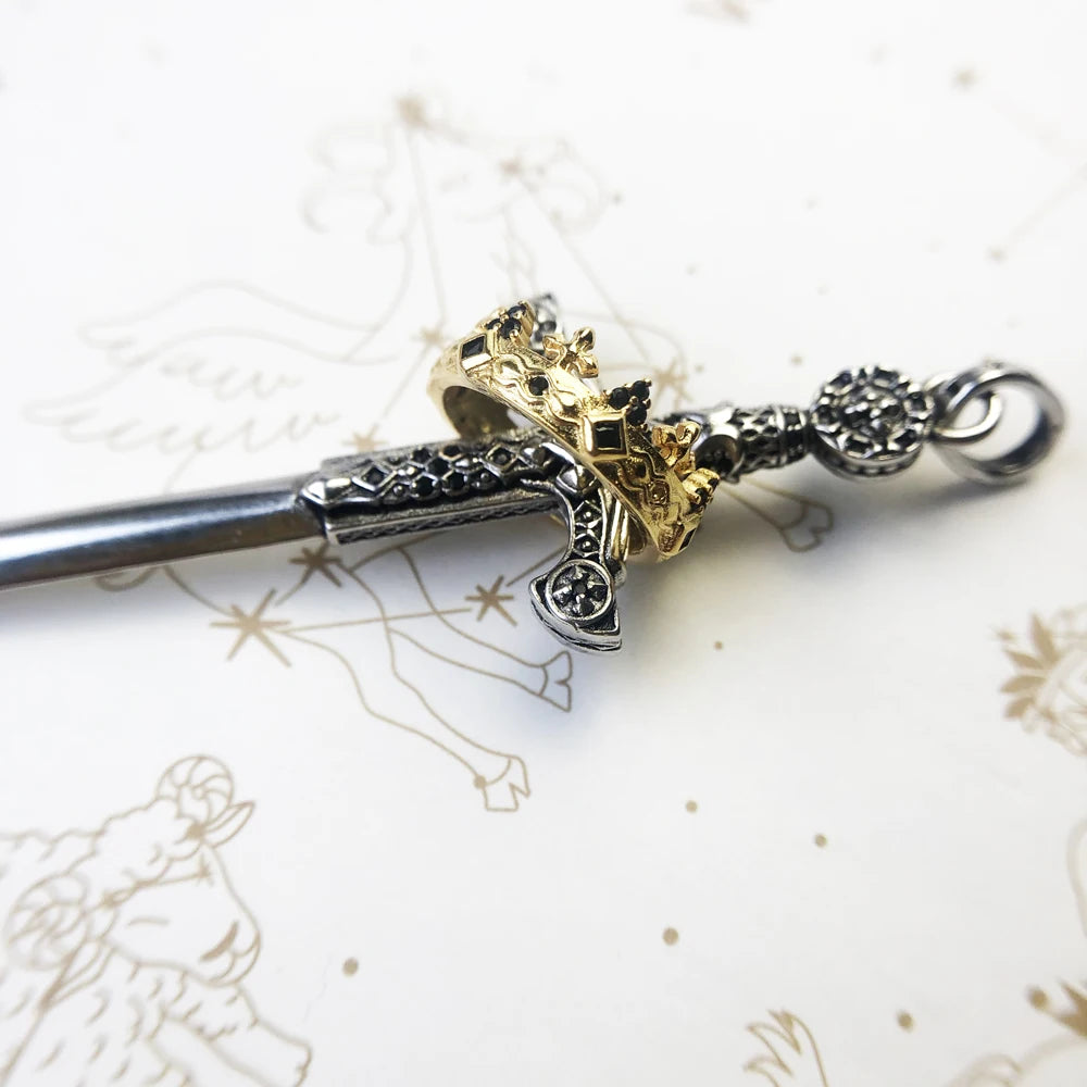 Large Sword With Crown Pendant Fashion Vintage Jewelry Europe 925 Sterling Silver Gift For Woman & Men