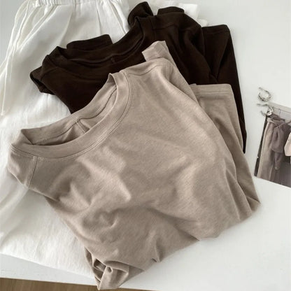 Silk Wool Splice Long Sleeve T-shirt Women Spring Summer Thin Soft Waxy Fit Solid Color Backing Top