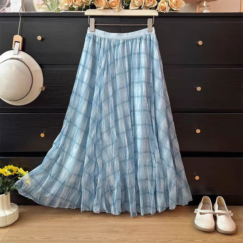Retro Plaid Print Tulle Maxi Skirt for Women, Spring Summer High Waist Slim A-Line Pleated Midi Skirt, Flowy Ball Gown Style