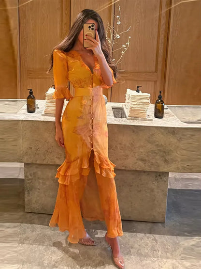 Women Floral Print Short Sleeve Maxi Dress Fashion V-neck Ruffle Trim Belted Slit Hem Dresses Casual Lady Daily Vacation Gowns