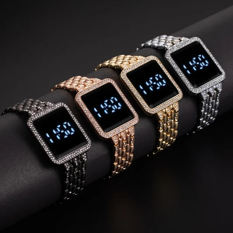 Luxury Diamond Digital Watches for Woman Simple Touch Screen Women LED Watch Fashion Steel Strap Ladies Watch Gift Reloj Mujer