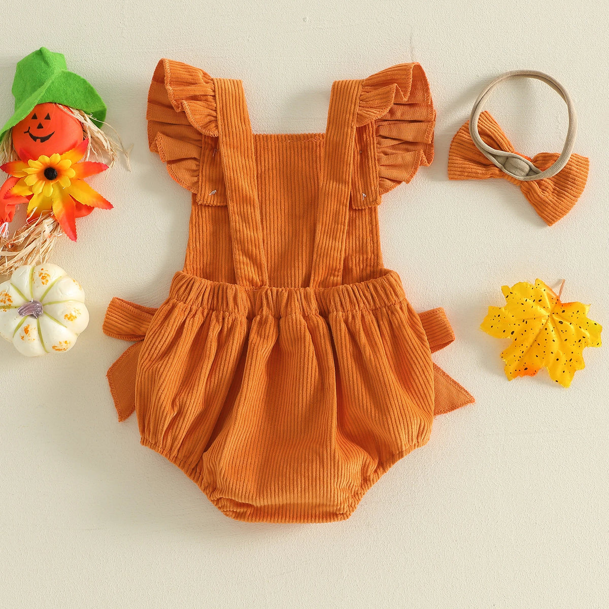 Citgeett Summer Halloween Infant Baby Girl Outfit Pattern Bows Ribbed Flying Sleeve Bodysuit Bow Headband Clothes Set