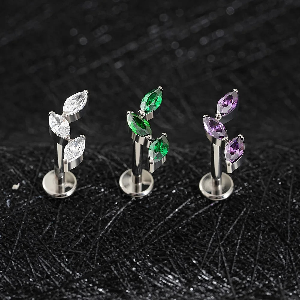 Right Grand ASTM F136 Titanium Triple Marquise Labret Stud 16G CZ Cluster Climber Cartilage Earring Tragus Helix Ear Piercing