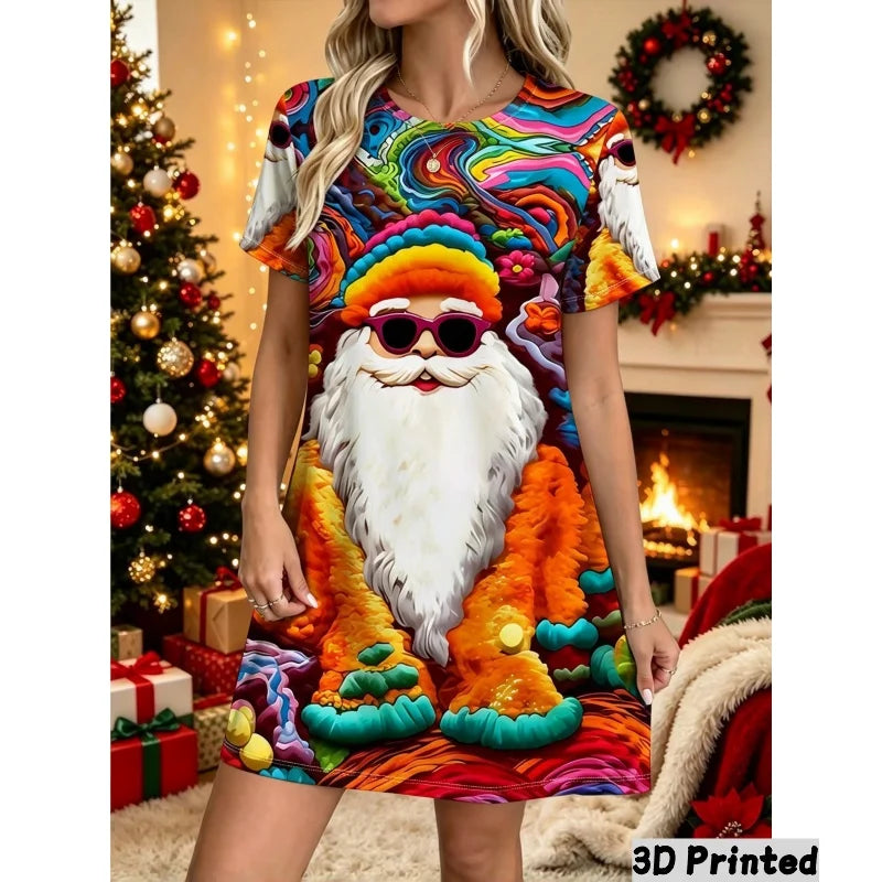 3D Fun Santa Claus Printed New Year Party Dress Women's Short Sleeve Round Leader Casual Loose Mini Dress Vestidos De Mujer