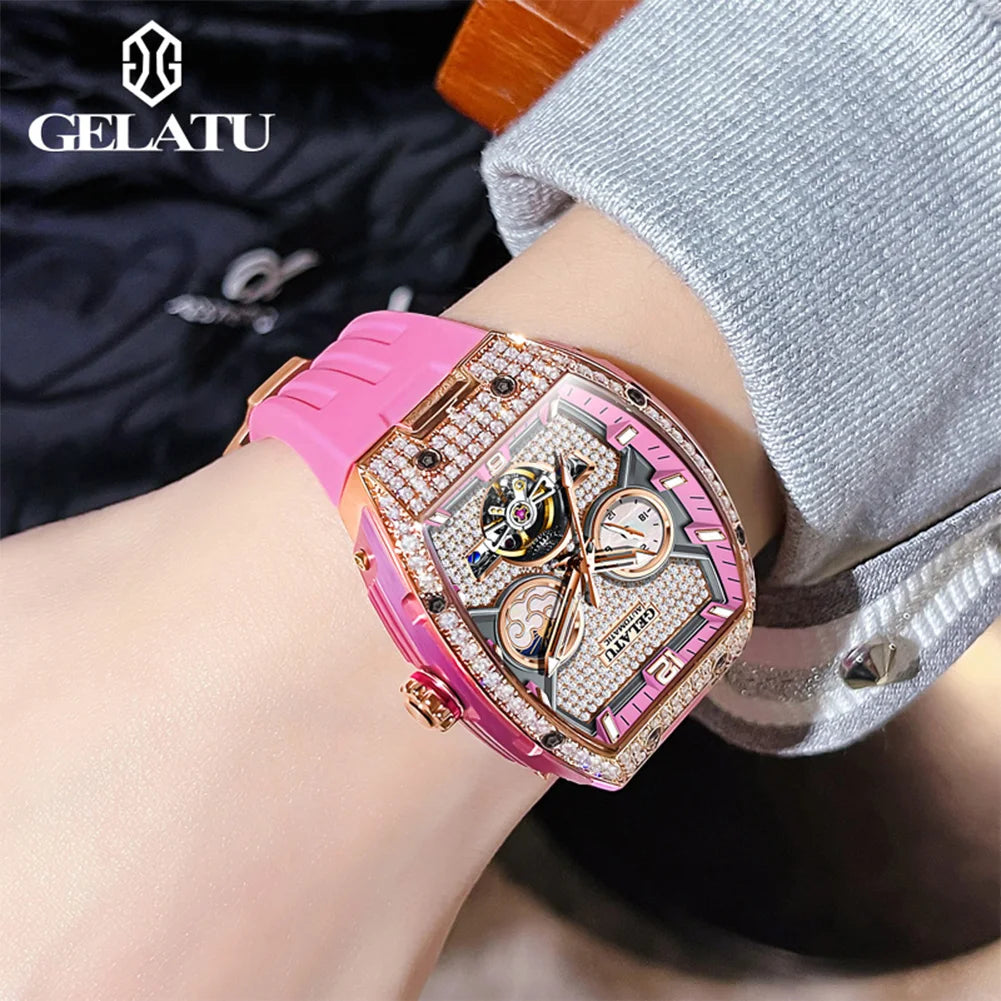 GELATU 6016 All Diamond Women Watch Silicone Waterproof Moonphase Chronograph Luxury Hollow Women All Automatic Mechanical Watch