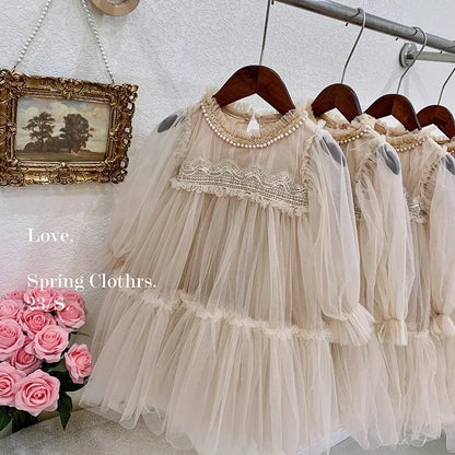 Girl Princess Dress Round Collar Long Sleeves Baby Party Dress with Pearl Mesh Suitable for Children E99011