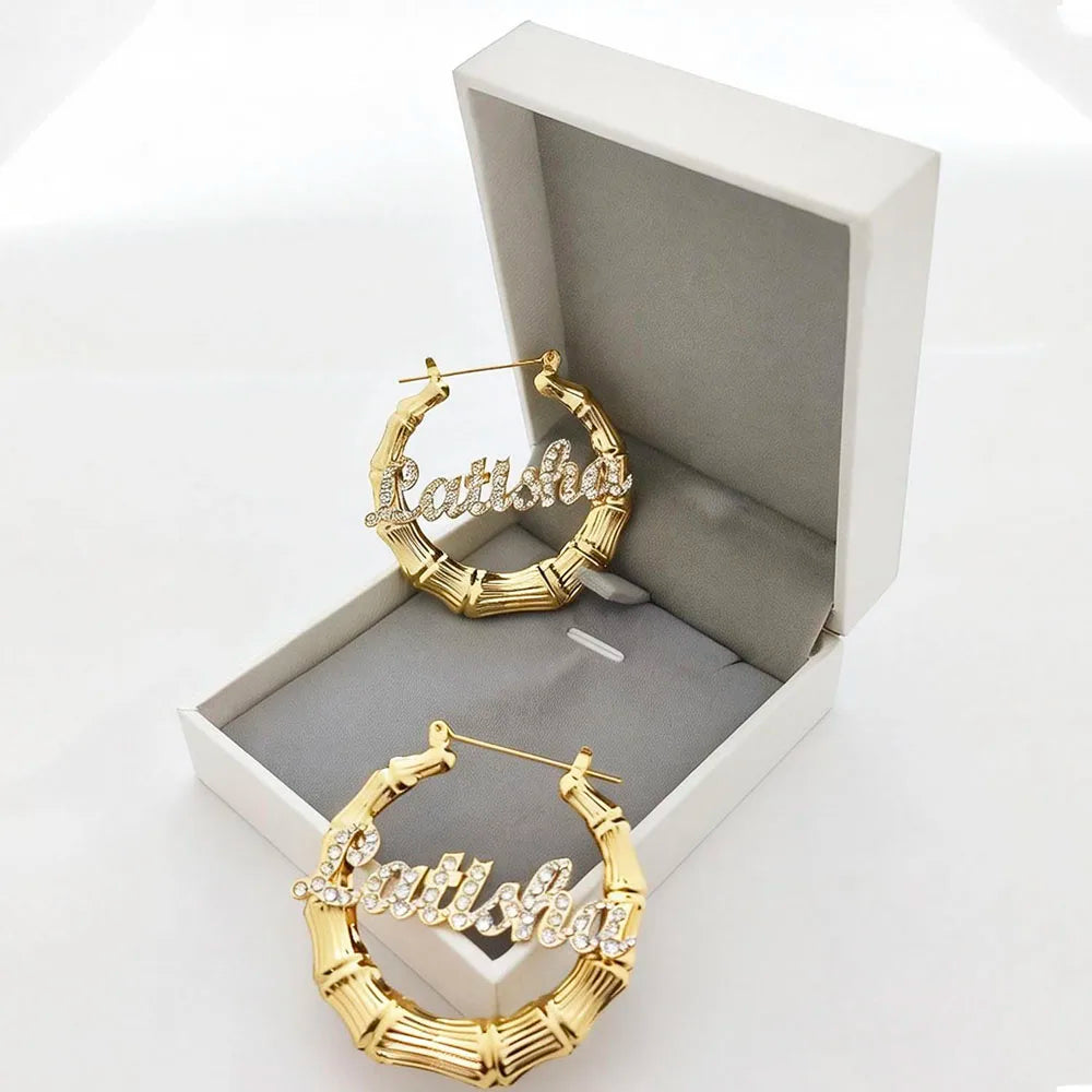 DODOAI 40mm-100mm Bling Name Bamboo Earrings Custom Trapezoid Hoop Bamboo Names Earrings Letter Big Personalised Name Earrings