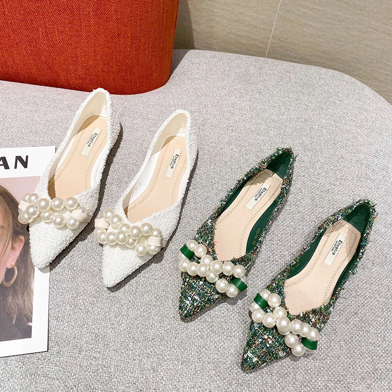 Flat Shoes for Women 2025 Spring Summer New Big Pearls Green White Women Flats Slip on Casual Loafers Zapatillas Mujer 44 45 46