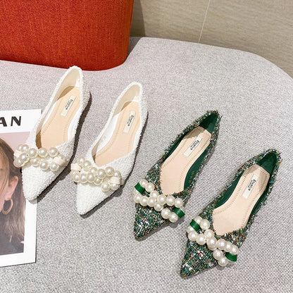 Flat Shoes for Women 2025 Spring Summer New Big Pearls Green White Women Flats Slip on Casual Loafers Zapatillas Mujer 44 45 46