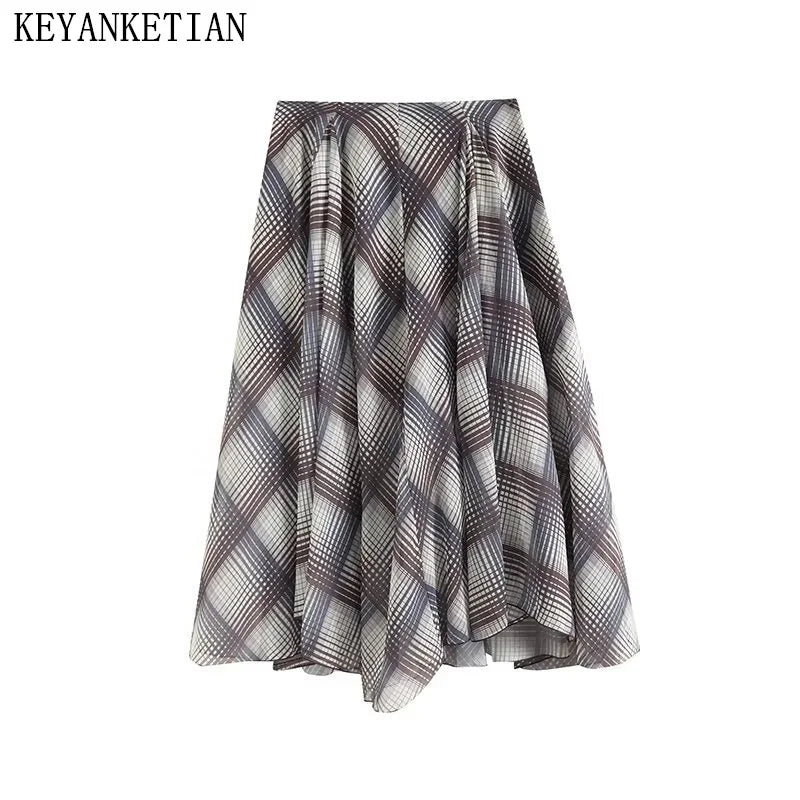 KEYANKETIAN 2024 New Women's Argyle Plaid MIDI Skirt Autumn Retro style Zipper High waist Asymmetrical A Line Ankle-Length Skirt