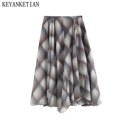 KEYANKETIAN 2024 New Women's Argyle Plaid MIDI Skirt Autumn Retro style Zipper High waist Asymmetrical A Line Ankle-Length Skirt